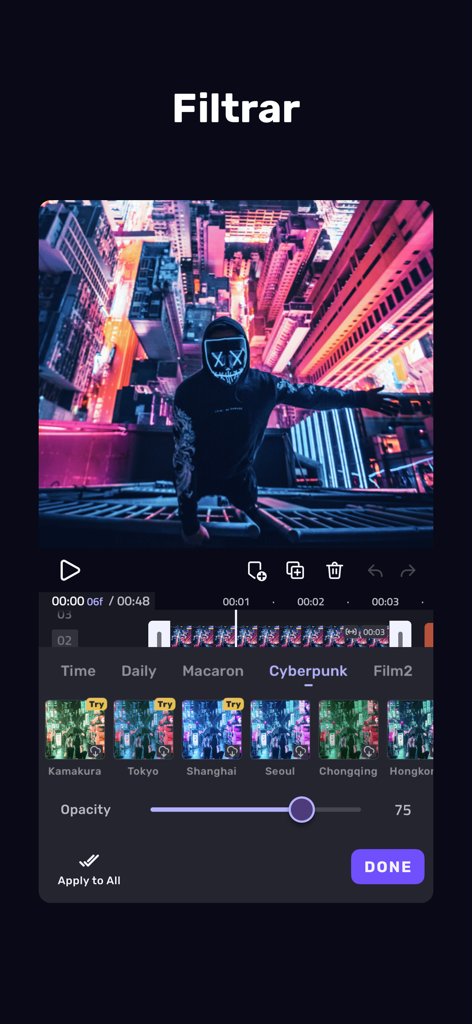 VivaCut mobile video editor interface with cyberpunk filter options for social media creators