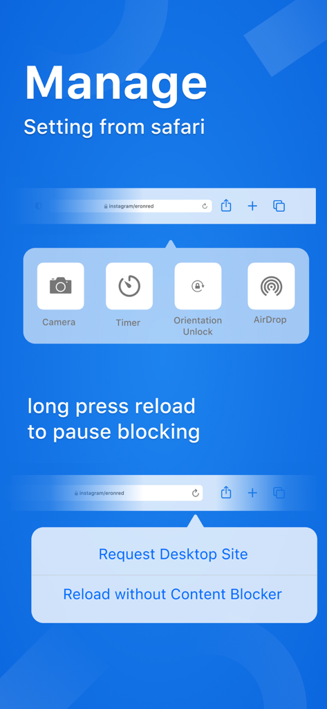 SkyBlue Ad Blocker for Safari - Interface guide showing how to manage settings and pause ad blocking within the Safari browser