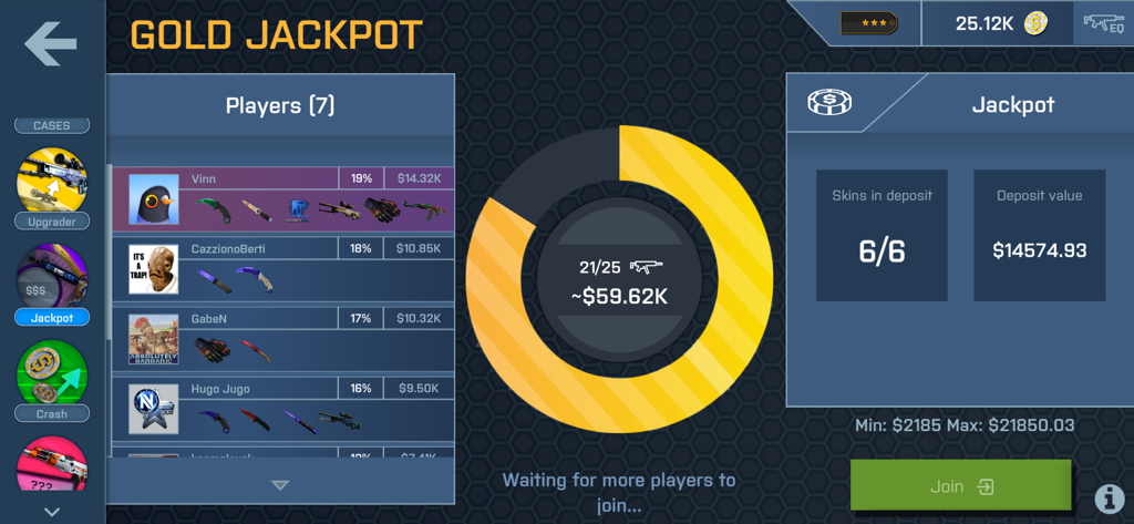 Interfaz del minijuego Gold Jackpot en el simulador Case Opener mostrando jugadores y valores de objetos