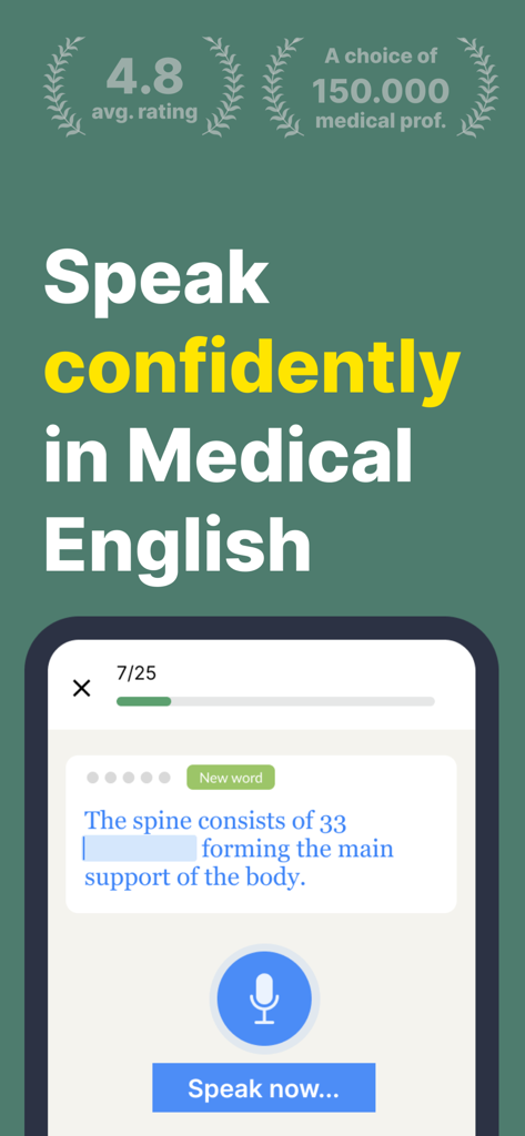 Screenshot of the Doxa app showing a speaking practice exercise for medical terminology with a fill in the blanks question about the spine.