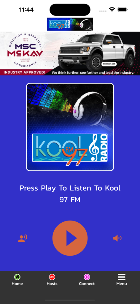 KOOL97FM Radio - KOOL97FM Radio app home screen showing the music player and play button