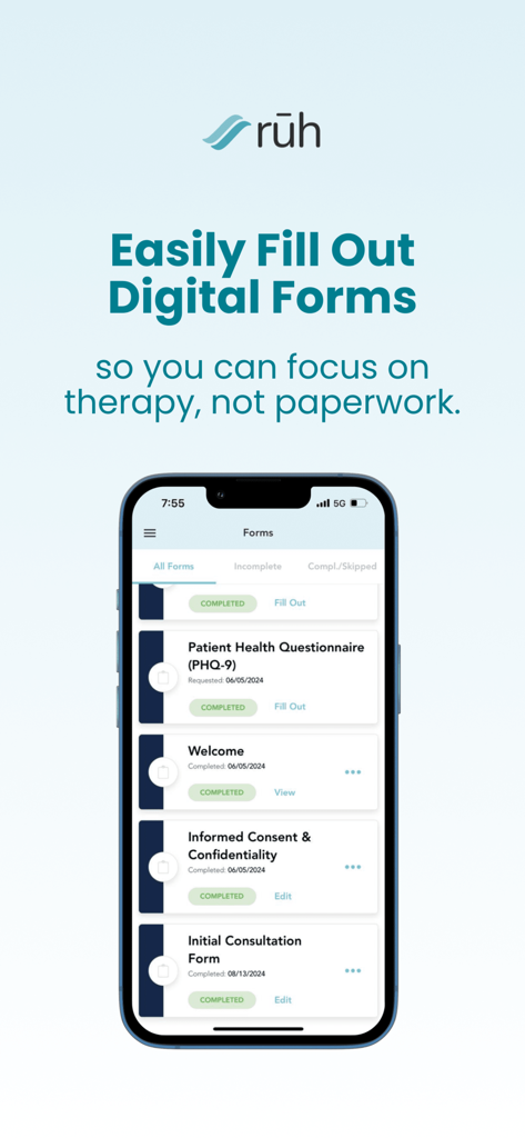Ruh Care app interface showing a list of completed digital health forms for therapy