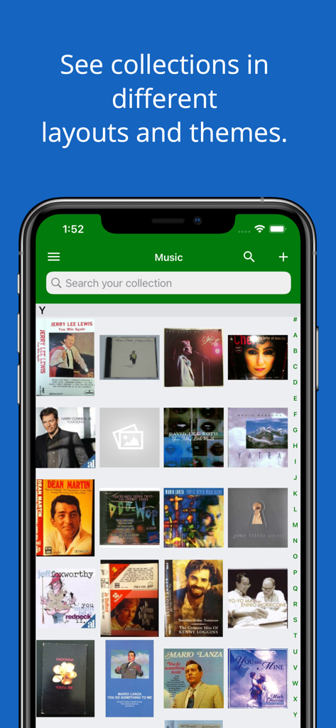 iCollect Music: Vinyl Discogs - App iCollect Music mostrando una colección de música en una vista de cuadrícula con un tema verde