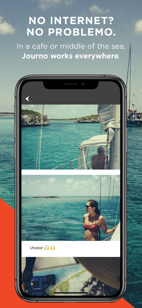 Journo: Travel & Trip Tracker - A smartphone displaying the Journo app travel journal entries during a sailing trip highlighting offline functionality.