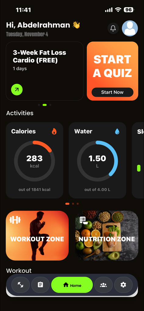 Fit-Rack - Fit-Rack app dashboard showing calorie and water tracking with workout and nutrition zones