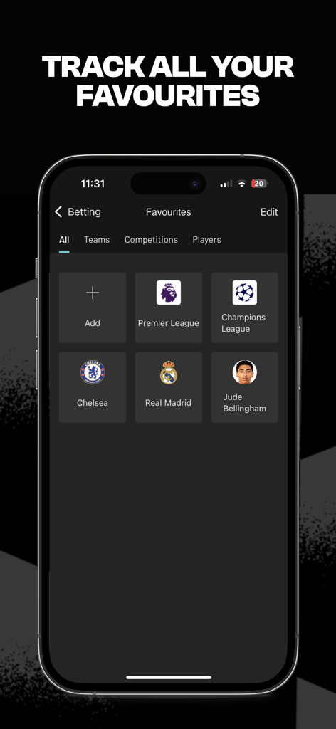 Capture d'écran de l'écran Favoris de l'application GOAL Live Scores montrant les équipes, ligues et joueurs de football suivis comme Chelsea et Jude Bellingham