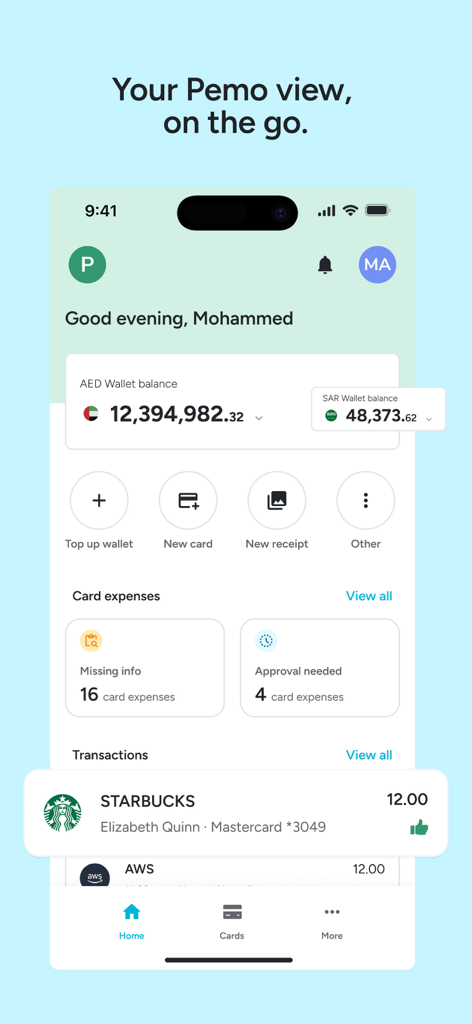 The Pemo app dashboard on an iPhone showing multi-currency wallet balances, card expenses, and recent transactions like Starbucks.