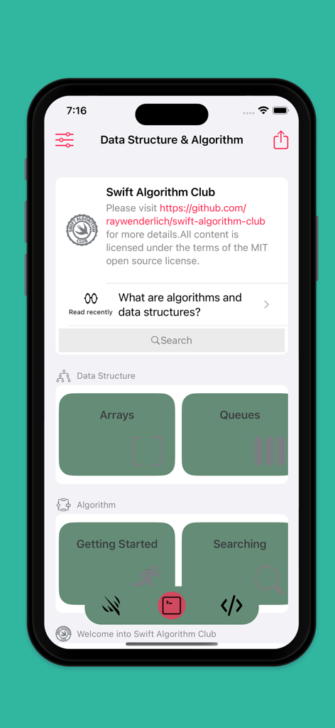 Interface do aplicativo Leaflet mostrando categorias para aprender estruturas de dados e algoritmos Swift