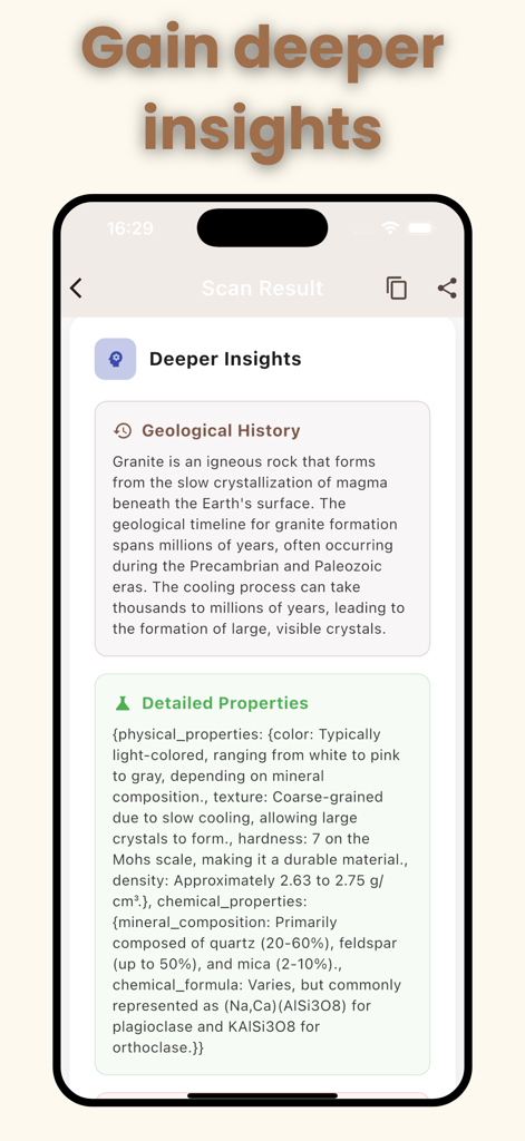 Rock Identifier: AI Scan - Pantalla móvil mostrando el historial geológico y propiedades físicas detalladas de una roca escaneada.