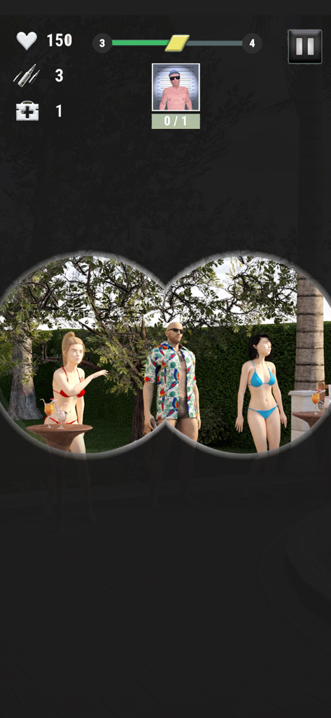 Shooter Agent: Sniper Hunt - View through sniper binoculars of an assassination target at a pool party in Shooter Agent Sniper Hunt