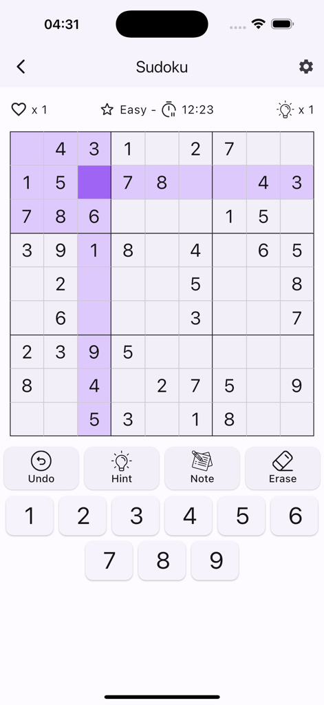 A Sudoku puzzle game screen at easy difficulty showing a 9 by 9 grid with a clean user interface and number pad