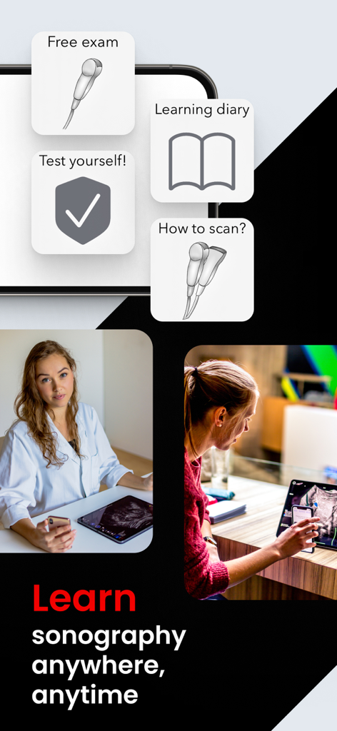 iPhoneとiPadでScanbooster Ultrasound Simを使用して超音波検査を練習する医療従事者