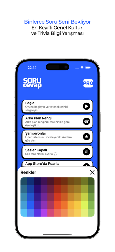 Cuspart: Soru Cevap - Hauptmenü der Cuspart Trivia- und Allgemeinwissen-App, das Spieloptionen und einen Hintergrundfarbwähler anzeigt