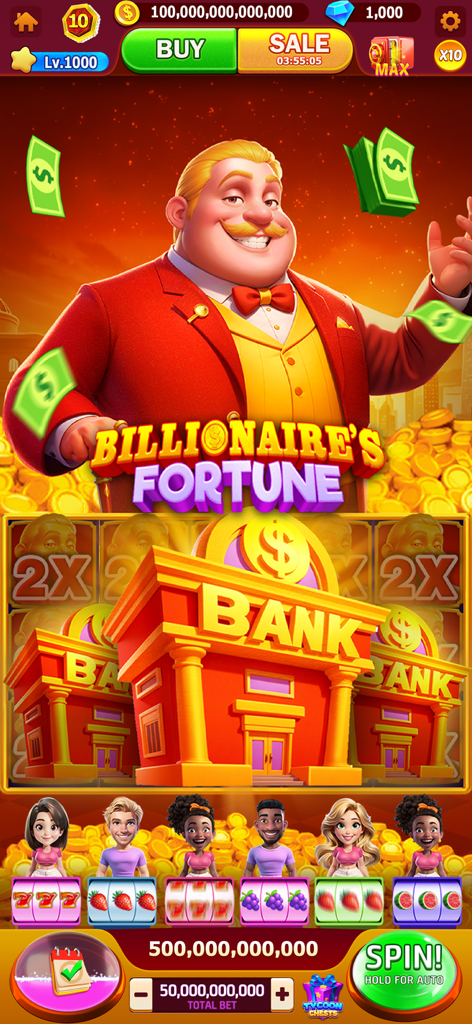 Un personaggio magnate sorridente in uno smoking rosso sopra rulli di slot da casinò con banche e vari personaggi del gioco.