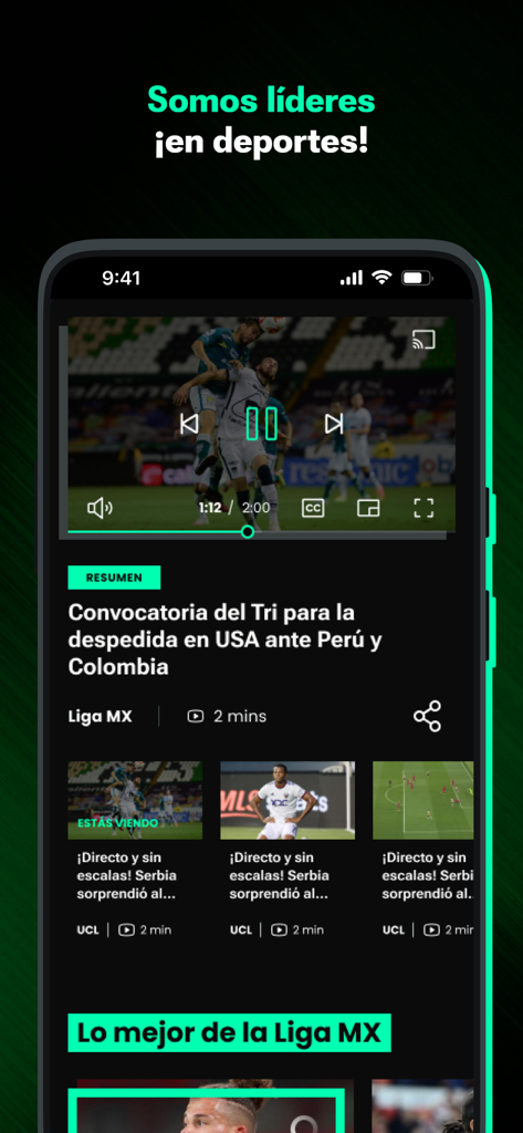 A screenshot of the TUDN mobile app displaying soccer match highlights and news in Spanish.