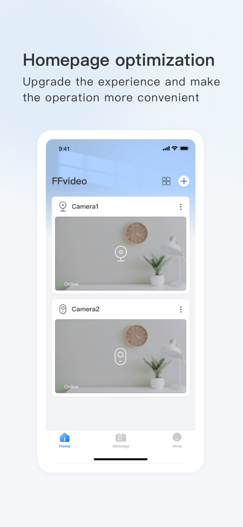 FFVideoCam - Pantalla de inicio de la aplicación FFVideoCam que muestra transmisiones de cámaras de seguridad en tiempo real y menú de navegación