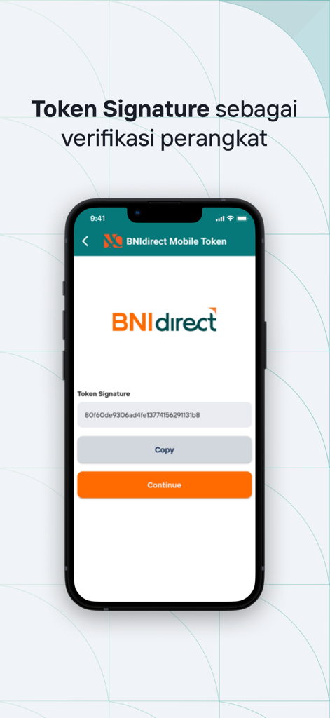 복사 및 계속 버튼으로 장치 확인을 위한 생성된 토큰 서명을 보여주는 BNIDirect Mobile Token 앱 화면