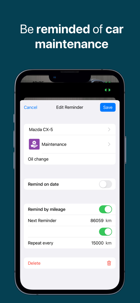 A screen from the CarScope app showing an oil change maintenance reminder set by mileage for a vehicle.
