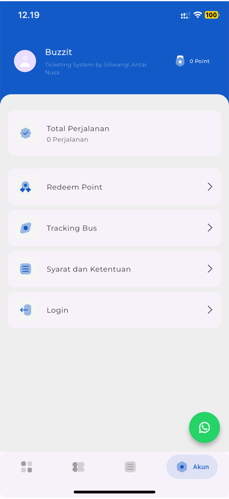 Buzzit - Ecrã do perfil da conta da aplicação Buzzit para bilhetes de autocarro, mostrando opções para rastreamento de autocarros, pontos e login.