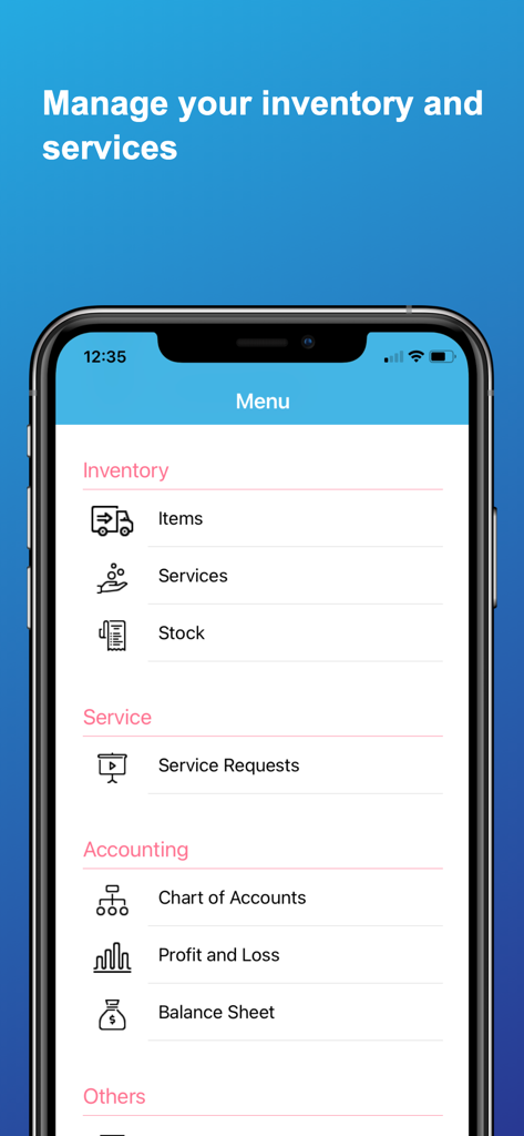 Menú móvil de Adm Cloud para gestión de inventario y contabilidad financiera.