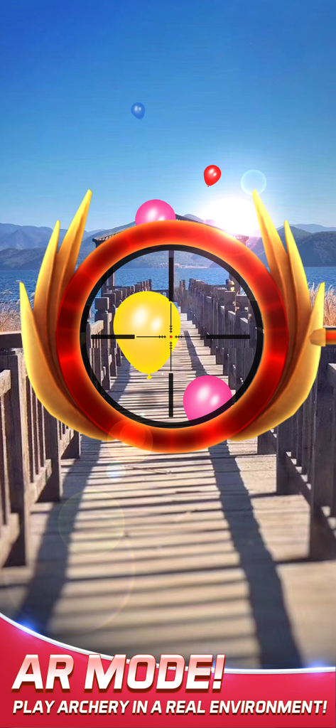 Archery Elite™ - Shooting King - 晴れた屋外設定で風船を狙う的スコープが示されたArchery Elite ARモードのゲームプレイ。