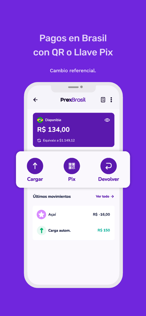 L'interface de l'application Prex Uruguay affiche le solde en réaux brésiliens et propose des options de paiement en pix pour les voyageurs.