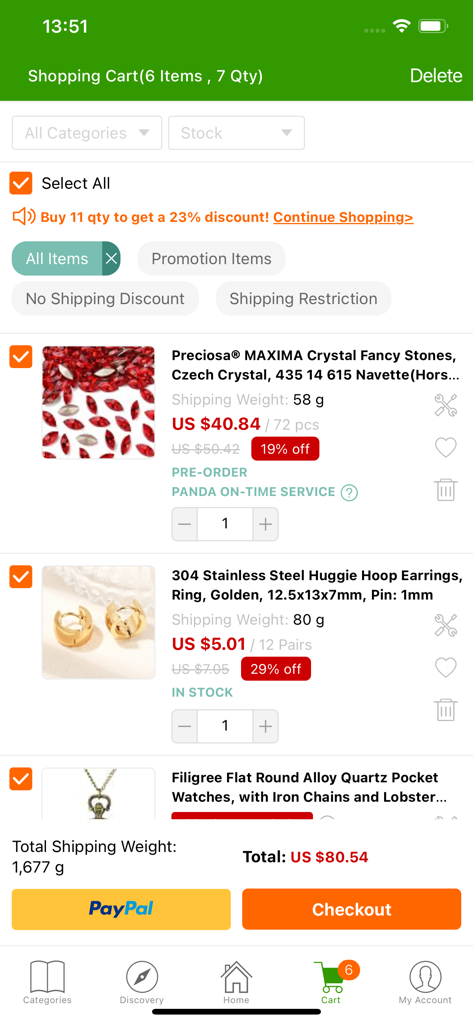 Pandahall  Beads - A view of the shopping cart in the PandaHall Beads app showing crystals and jewelry components ready for checkout