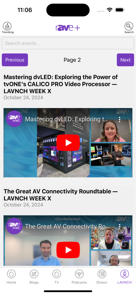 rAVe + - Interfaz de la aplicación rAVe plus que muestra sesiones de video ProAV bajo demanda en la sección LAVNCH.