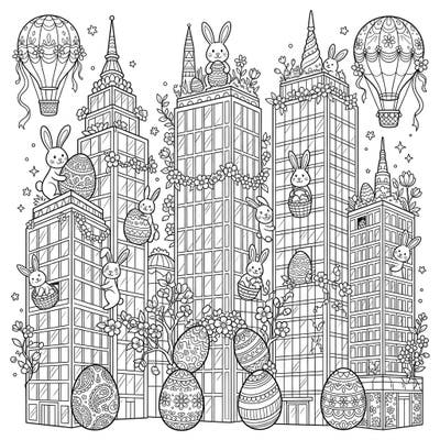 Immerse yourself in a whimsical urban Easter scene with this intricate coloring page. Discover towering glass skyscrapers adorned with playful bunnies, decorative eggs, and delicate spring flowers, ready for your creative touch.