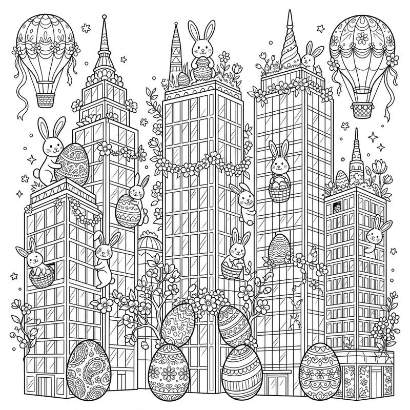Immerse yourself in a whimsical urban Easter scene with this intricate coloring page. Discover towering glass skyscrapers adorned with playful bunnies, decorative eggs, and delicate spring flowers, ready for your creative touch.