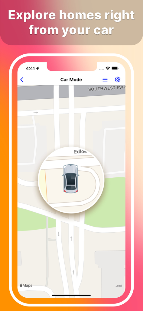 Homes And Rentals - Interfaz de la aplicación HAR.com que muestra la función Modo Coche para buscar casas en un mapa mientras se conduce.