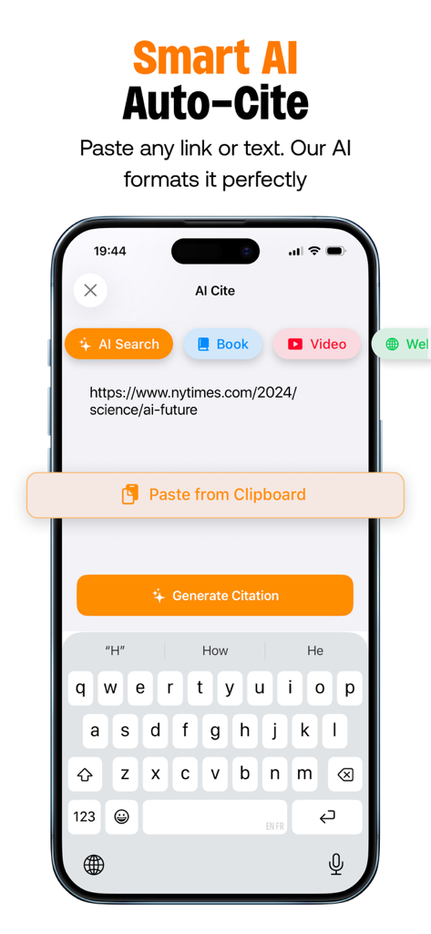 A smartphone showing the CiteAI app interface with a website link ready to generate a citation.