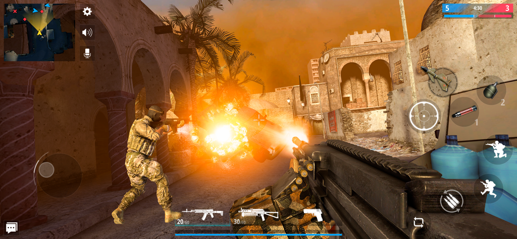 First-person shooter gameplay in Modern Strike Online featuring an explosion and tactical combat in an urban environment.