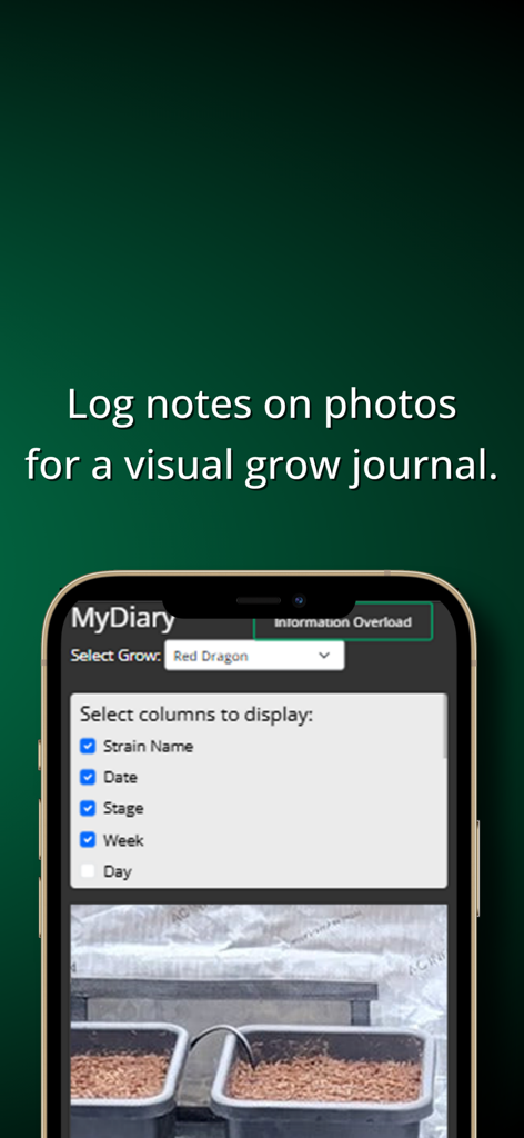 GrowApp | Cannabis App - Ein mobiler Bildschirm zeigt die MyDiary-Funktion von GrowApp, die zur Protokollierung von Notizen zu Fotos für ein visuelles Cannabis-Anbau-Journal verwendet wird.