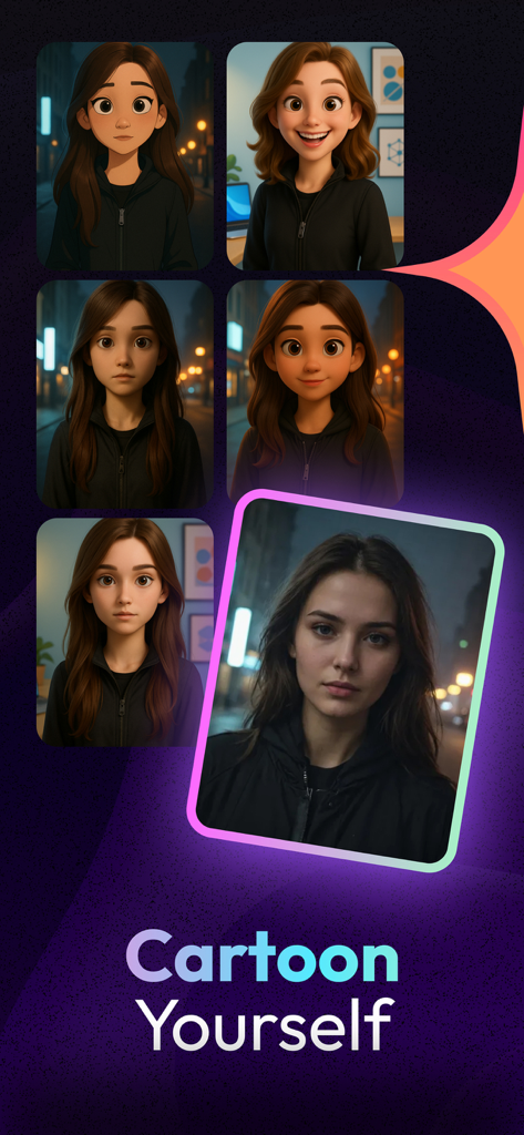 Toon AI: Cartoon photo editor - Una selfie de una mujer joven transformada en múltiples estilos de caricatura y animación 3D usando la aplicación Toon AI.
