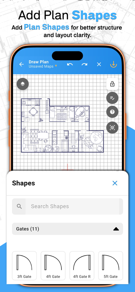 Floor Plan Designer: Home Map - Interface para adicionar formas estruturais como portas e portões a uma planta baixa de casa