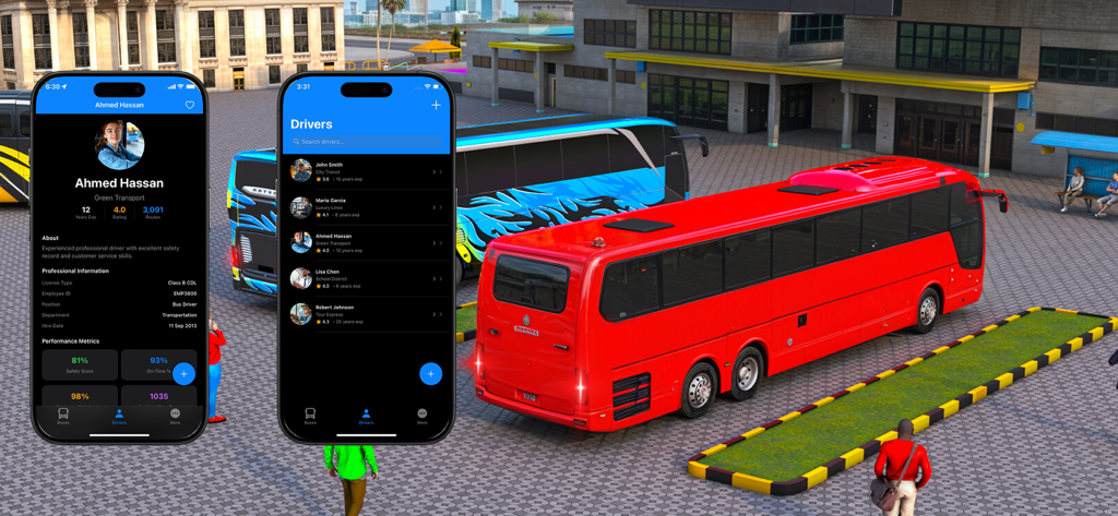 Ultimate Bus Simulatorr - Interface of the Ultimate Bus Simulator app showing driver profiles and performance metrics alongside a red bus in a terminal