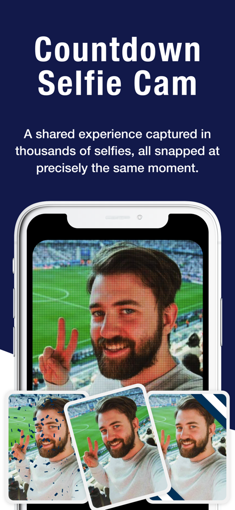 Interfaz de la aplicación Stadium FX que muestra la función Countdown Selfie Cam con fotos de fanáticos sincronizadas en un estadio deportivo.