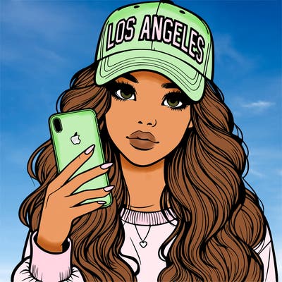 realistic beautiful girl wearing los ángeles cap holding an iphone