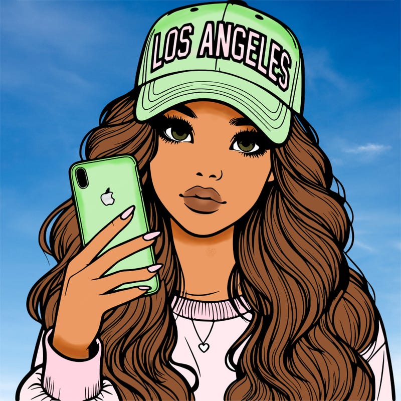 realistic beautiful girl wearing los ángeles cap holding an iphone