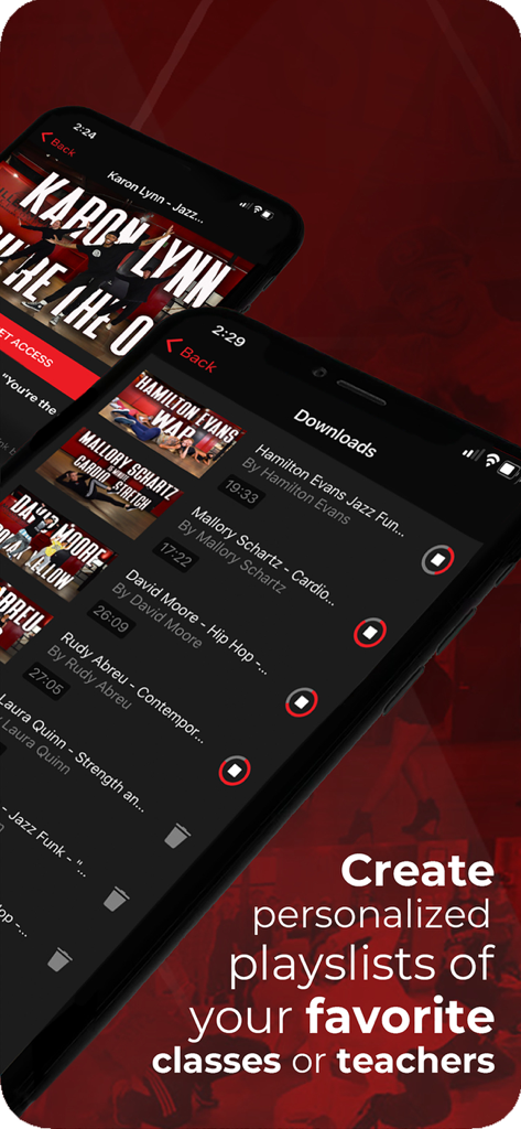 Personalized dance class playlists and downloads in the REDWALL Tutorials app