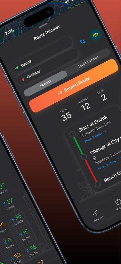 JioLah! SG Bus & Trains - Smartphone screen displaying the route planner feature of the JioLah SG Bus and Trains app with navigation from Bedok to Orchard.