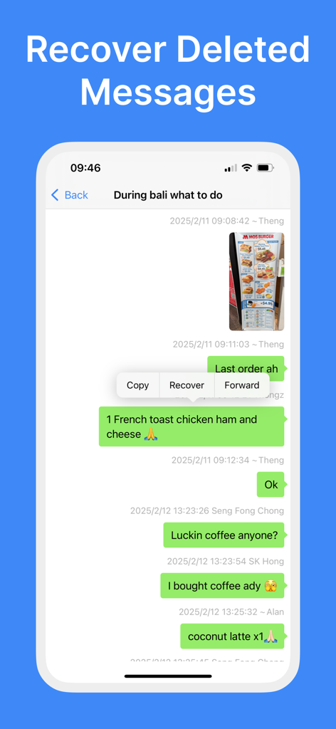 Recover Deleted Messages® - Smartphone screen showing a chat recovery feature in the Recover Deleted Messages app