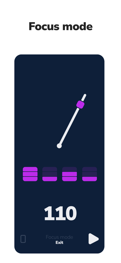 Metronome Beats : Drum Loops - Minimalist Focus mode interface of the Metronome Beats app featuring a visual pendulum and 110 BPM display.
