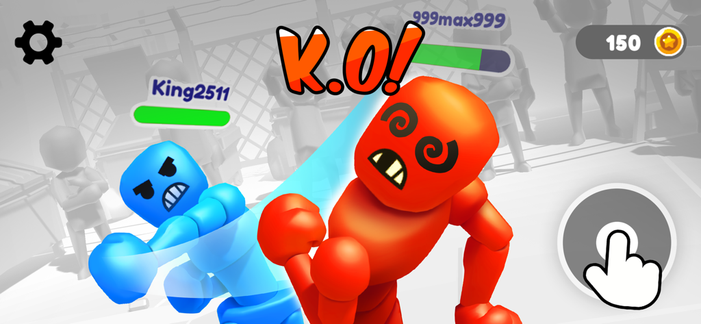 Ragdoll Stick Fighter: Bash - A blue stickman character delivers a knockout punch to a dizzy red opponent in a ragdoll physics battle.