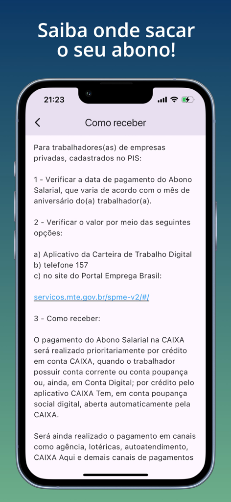 Mobile app screen showing instructions in Portuguese on how to receive the Brazilian PIS PASEP salary bonus benefit.