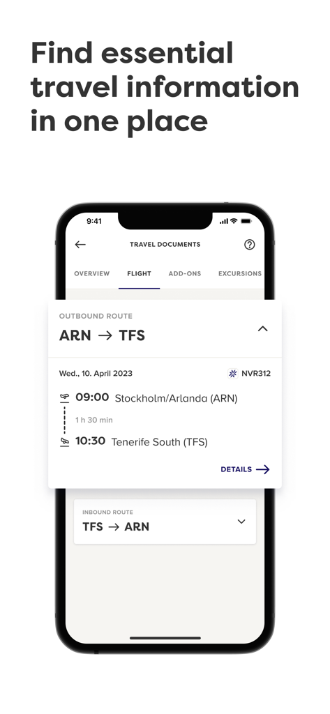 My Apollo - My Apolloアプリのインターフェース。往復のフライト旅程と旅行書類が1か所に表示されています。