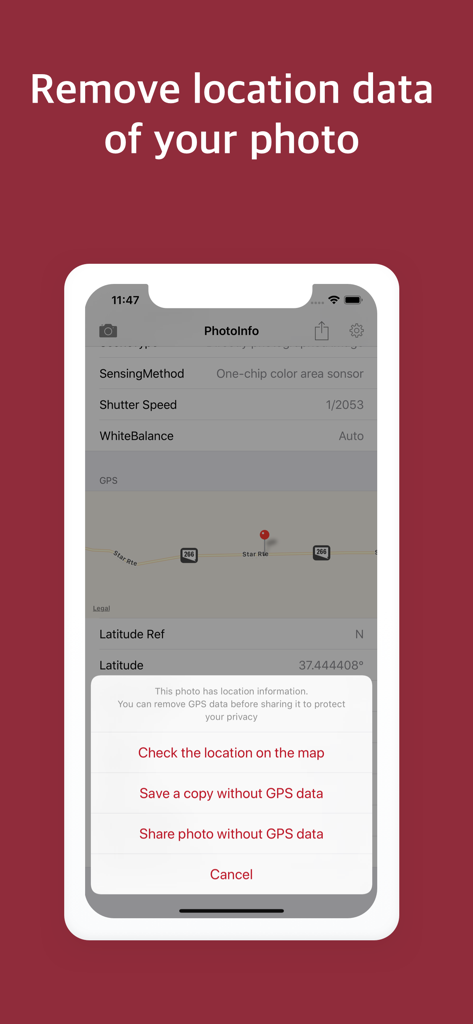 PhotoInfo -EXIF,GPS,remove GPS - Smartphone screen displaying an app menu for removing GPS data from a photo for privacy