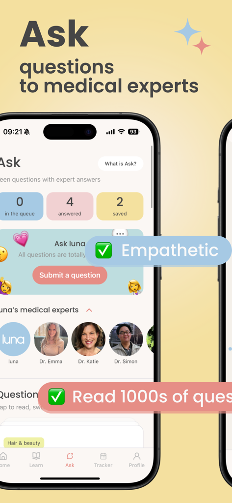 luna: teen health & period app - Interfaccia dell'app luna per la salute delle adolescenti che mostra la funzione Chiedi per consulenza anonima di esperti medici.