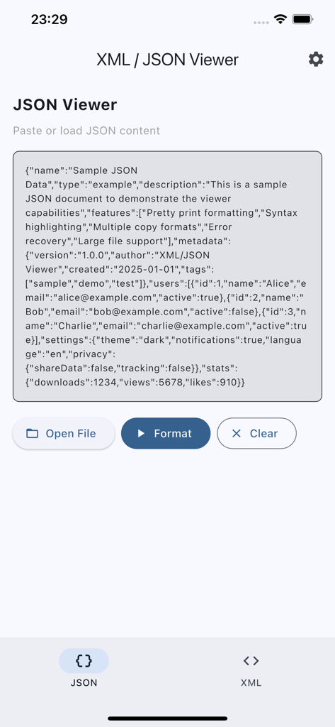 XML / JSON Viewer - JSON Viewer app interface showing raw text input area with format and open file options.
